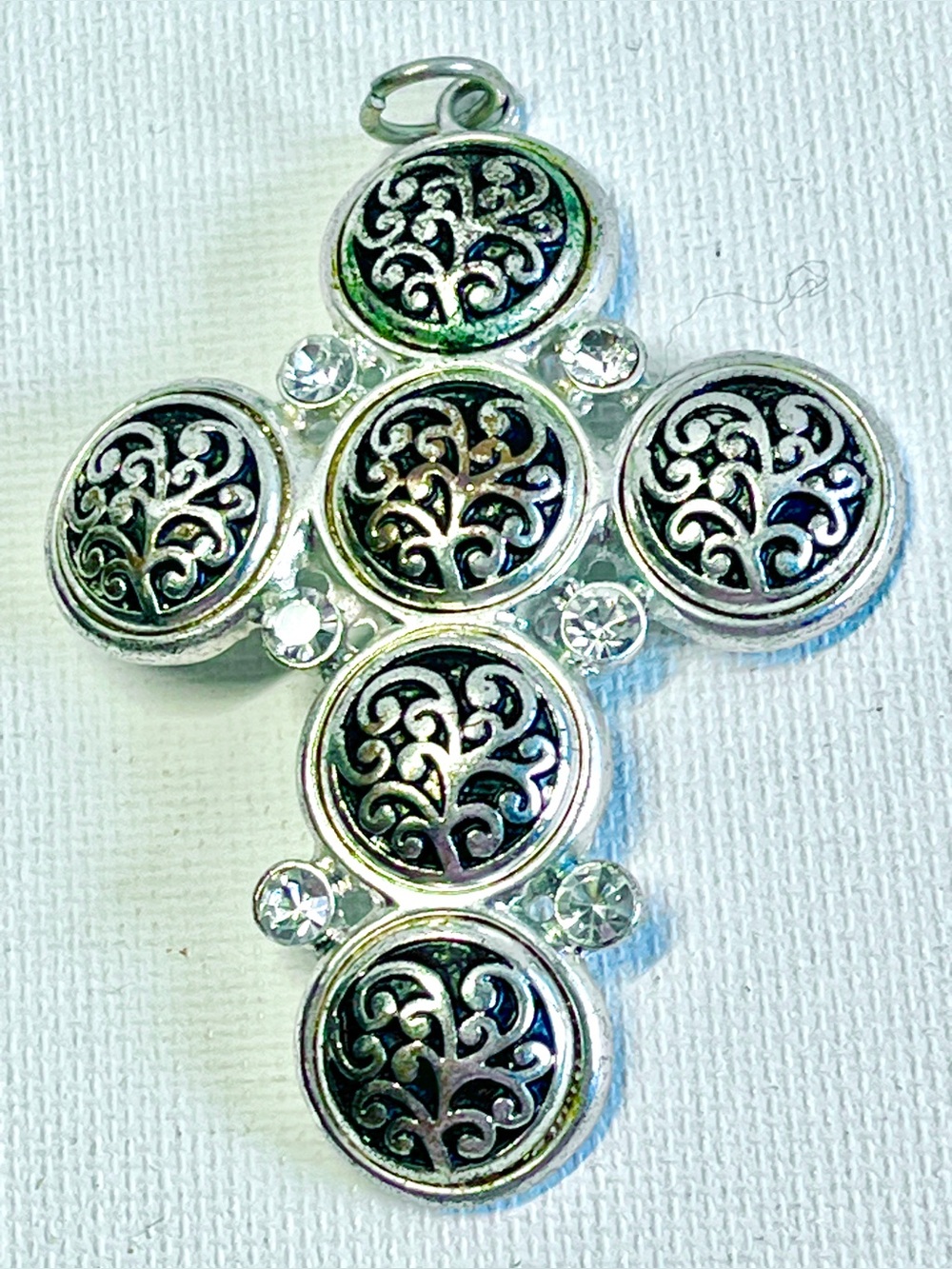 Ornate Handcrafted Silver-tone & Crystals Cross Pendant No Chain